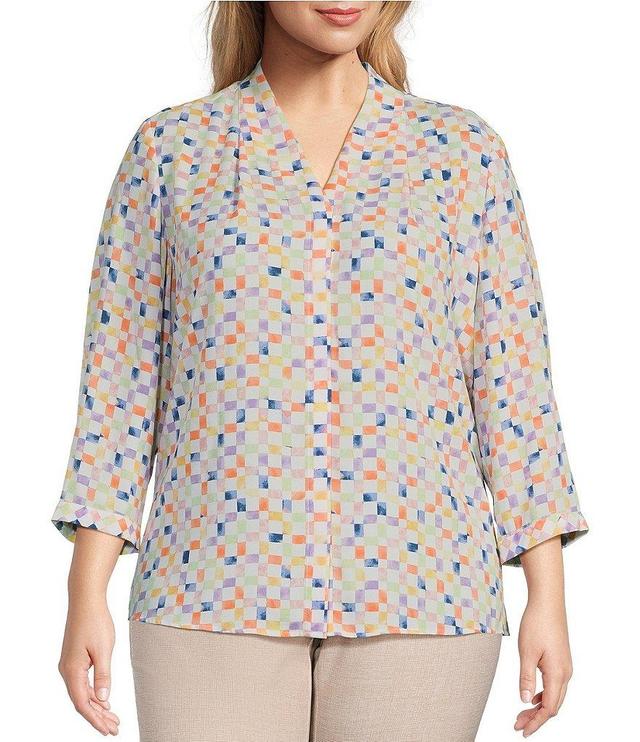 Investments Plus Size Caroline Signature Watercolor Gingham V-Neck 3/4 Sleeve Button Front Top Product Image