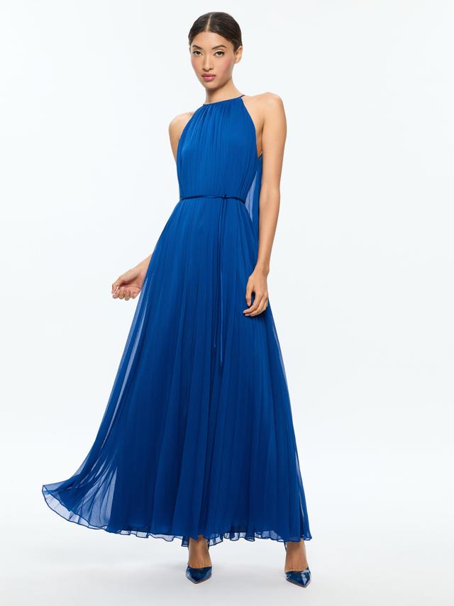 ALICE AND OLIVIA Matira Tie Neck Drama Pleated Maxi Dress In Royal Product Image