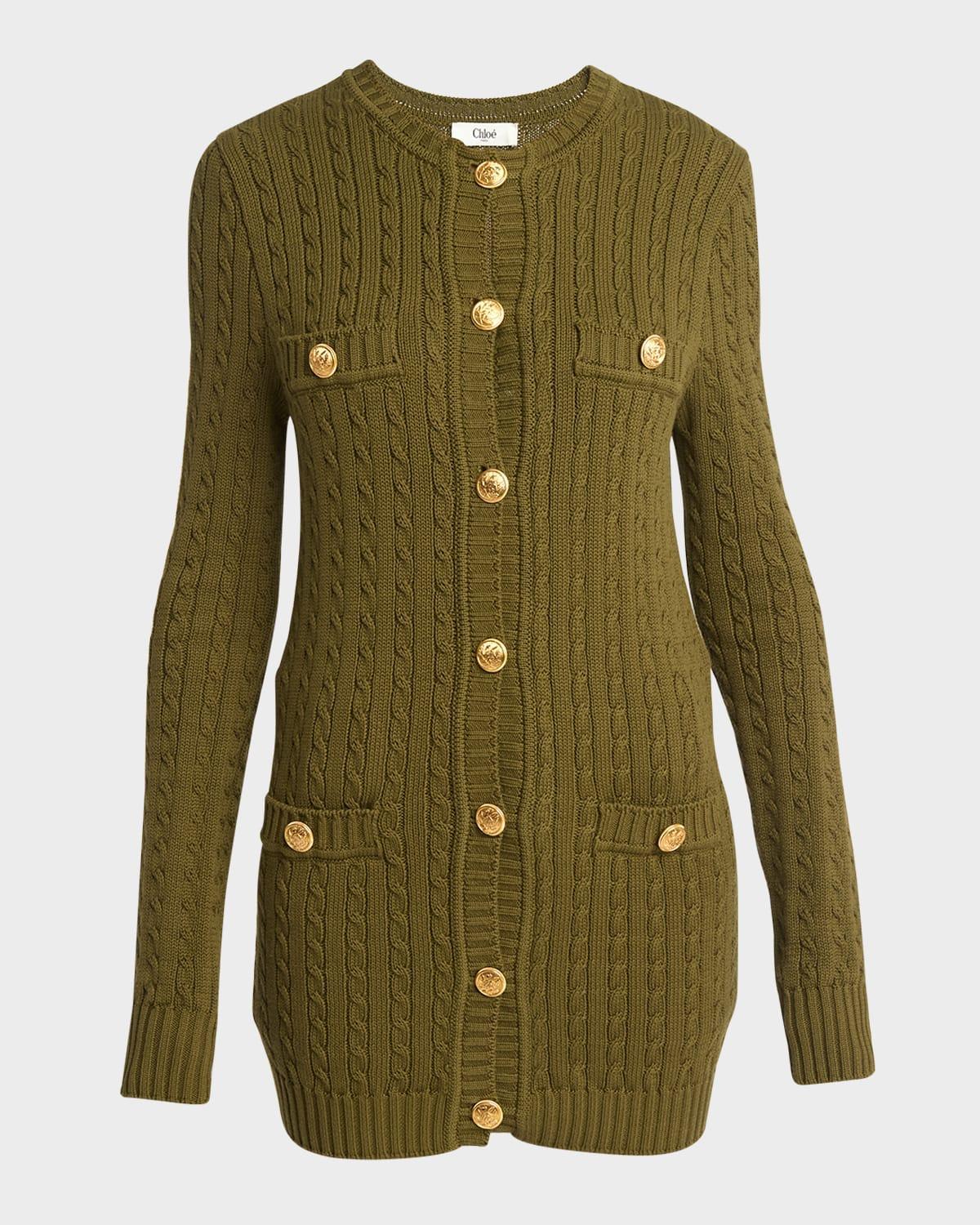 Longline Cable-knit Cotton Cardigan In Green Product Image