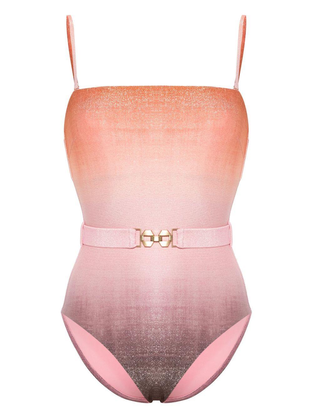 ZIMMERMANN Golden Metallic Bandeau Belted Swimsuit In Pink Product Image