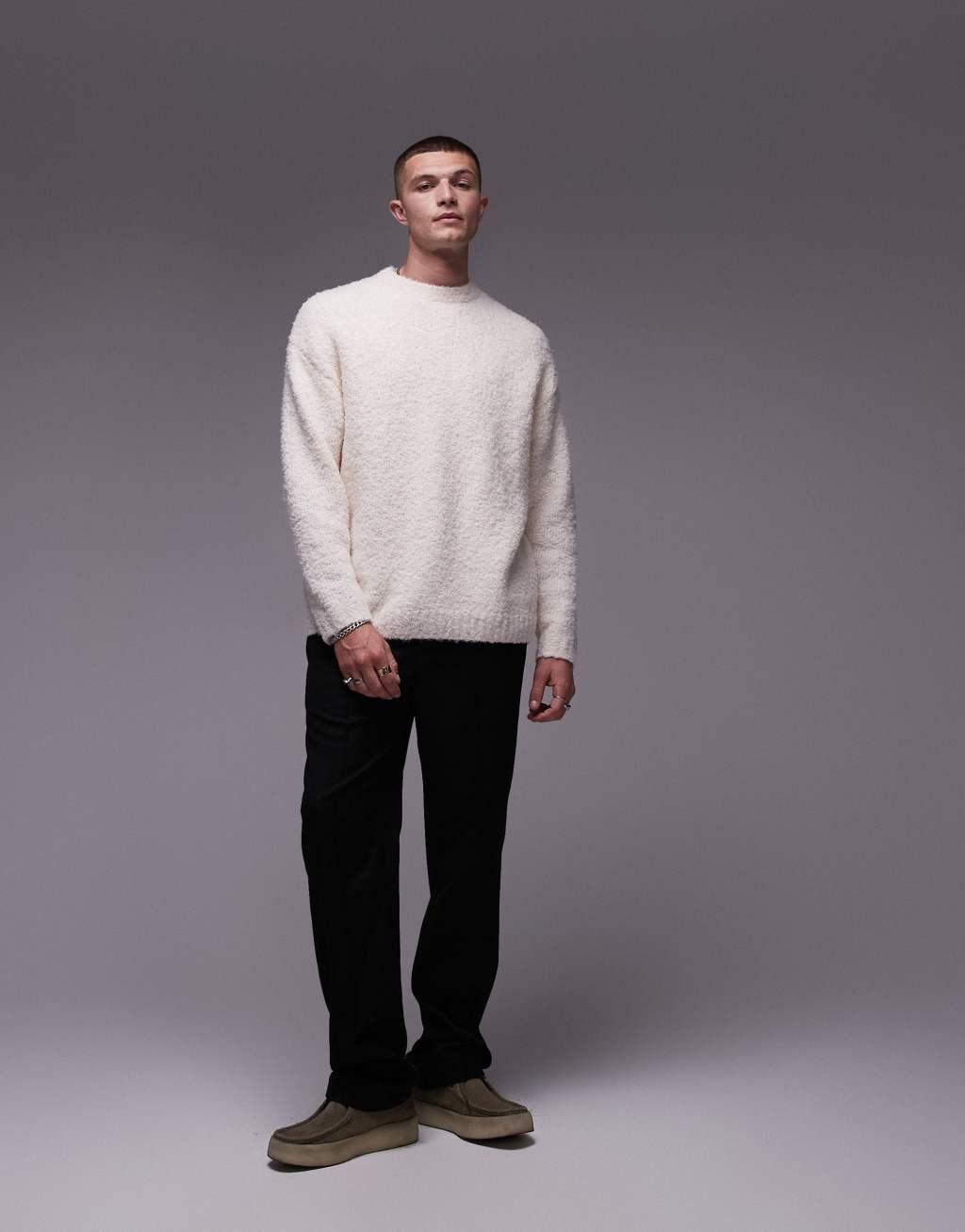 Topman relaxed fit boucle sweater in oatmeal Product Image