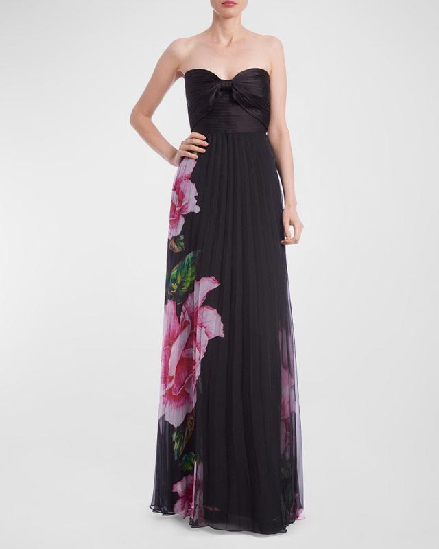 Womens Floral Graphic Pleated Chiffon Strapless Gown Product Image