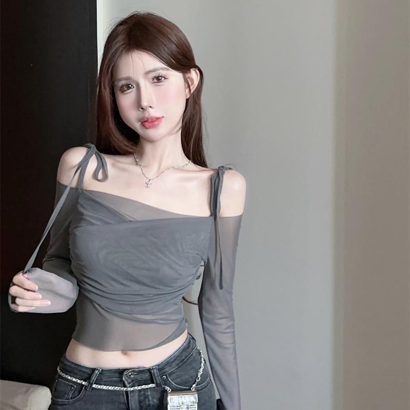 Long Sleeve Cold Shoulder Plain Ruched Mesh Top Product Image