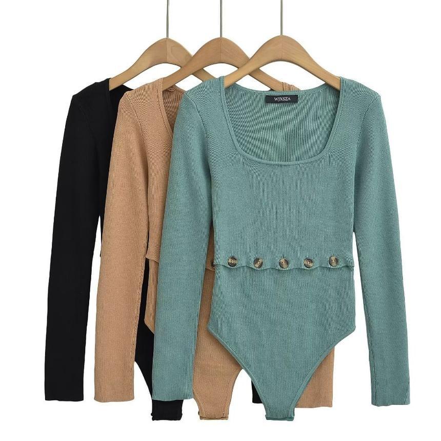 Long-Sleeve Scoop Neck Plain Button Accent Knit Bodysuit Top Product Image