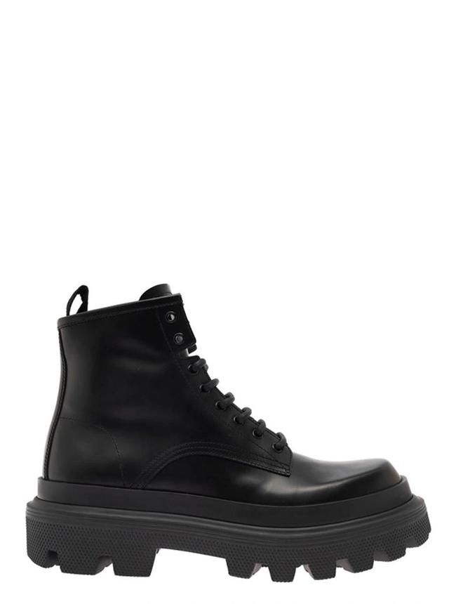 Black Ankle Boots With Chunky Platform And Logo Plaque In Leather Blend Man In Schwarz Product Image