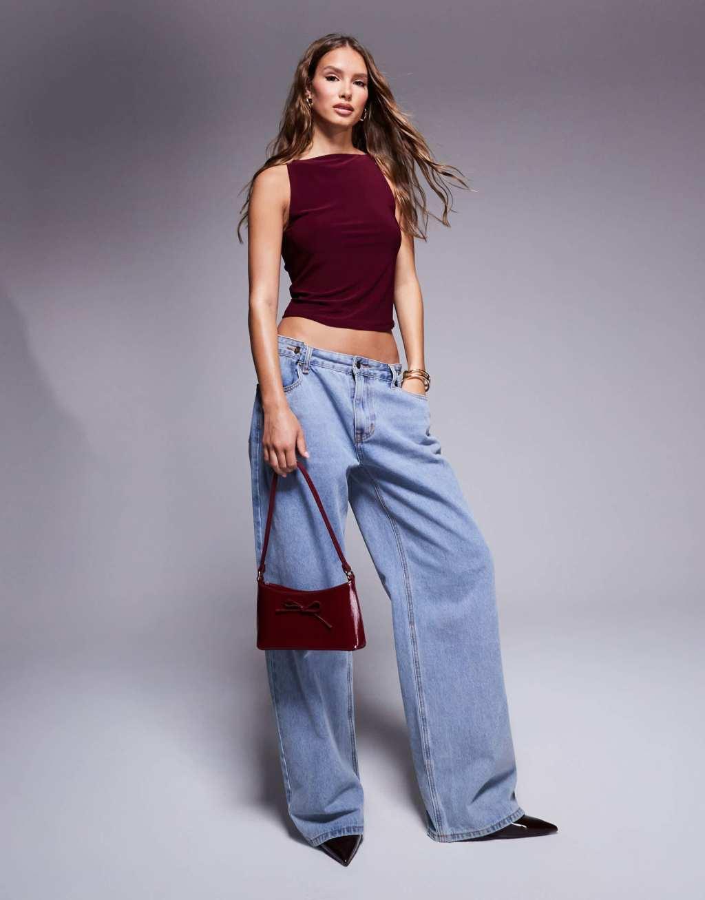 ASOS DESIGN slinky 90's boat neck strappy top in burgundy Product Image