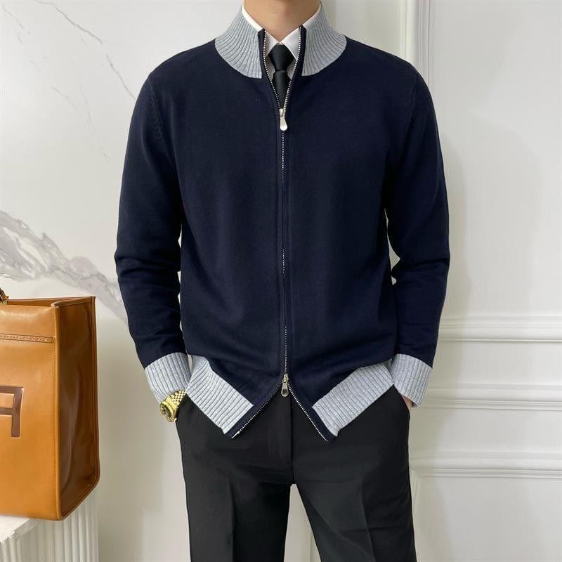 Stand Collar Contrast Trim Zip-Up Cardigan Product Image