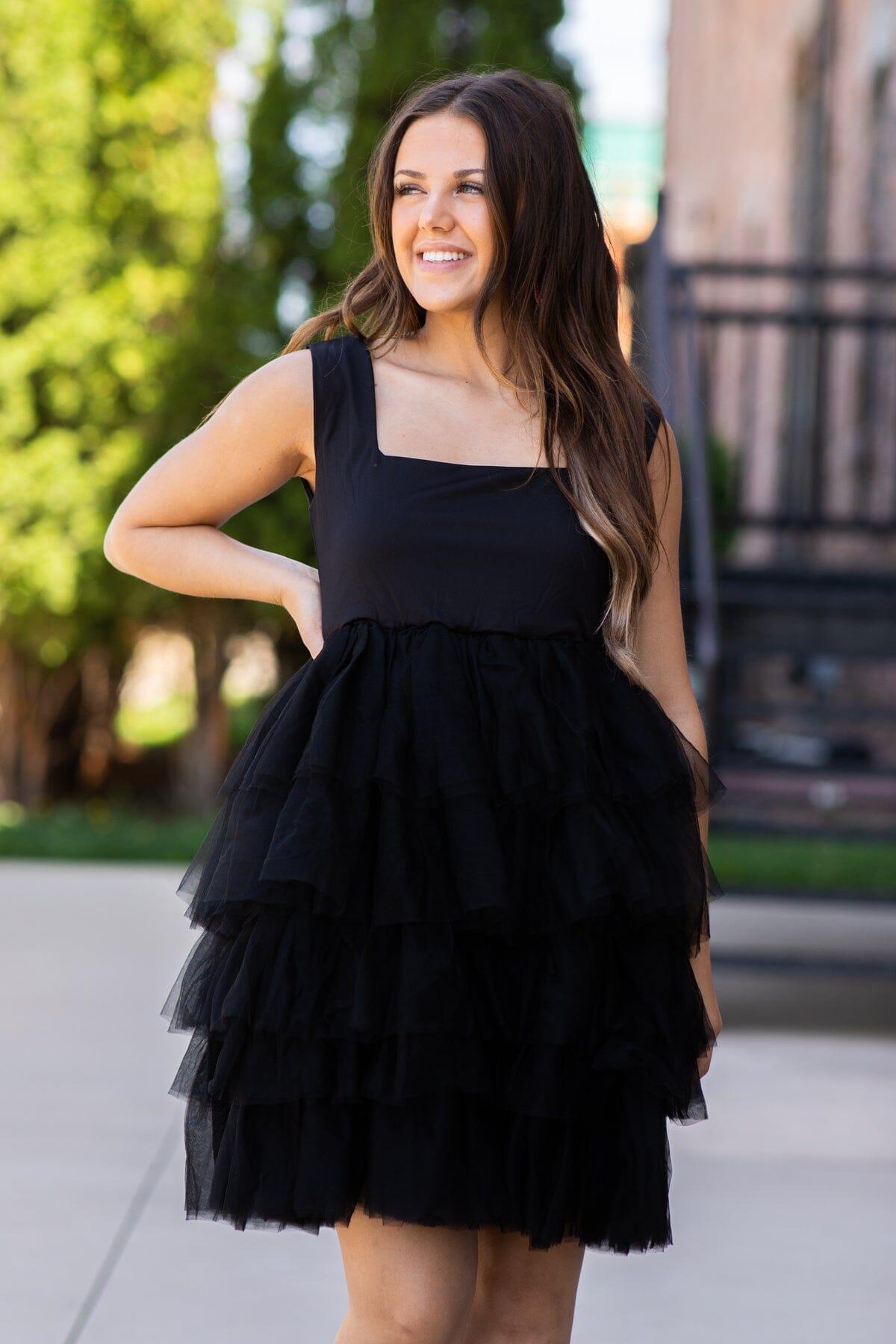 Black Square Neck Tulle Skirt Dress Product Image