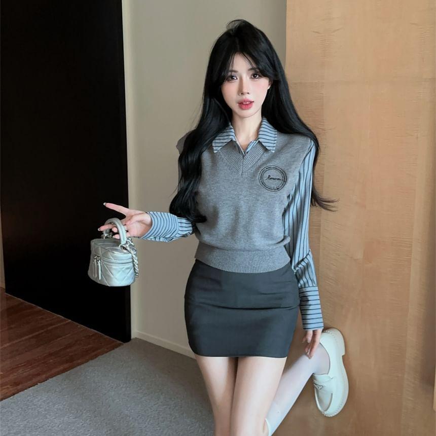 Striped Button-Up Shirt / High Waist Pencil Skirt Product Image