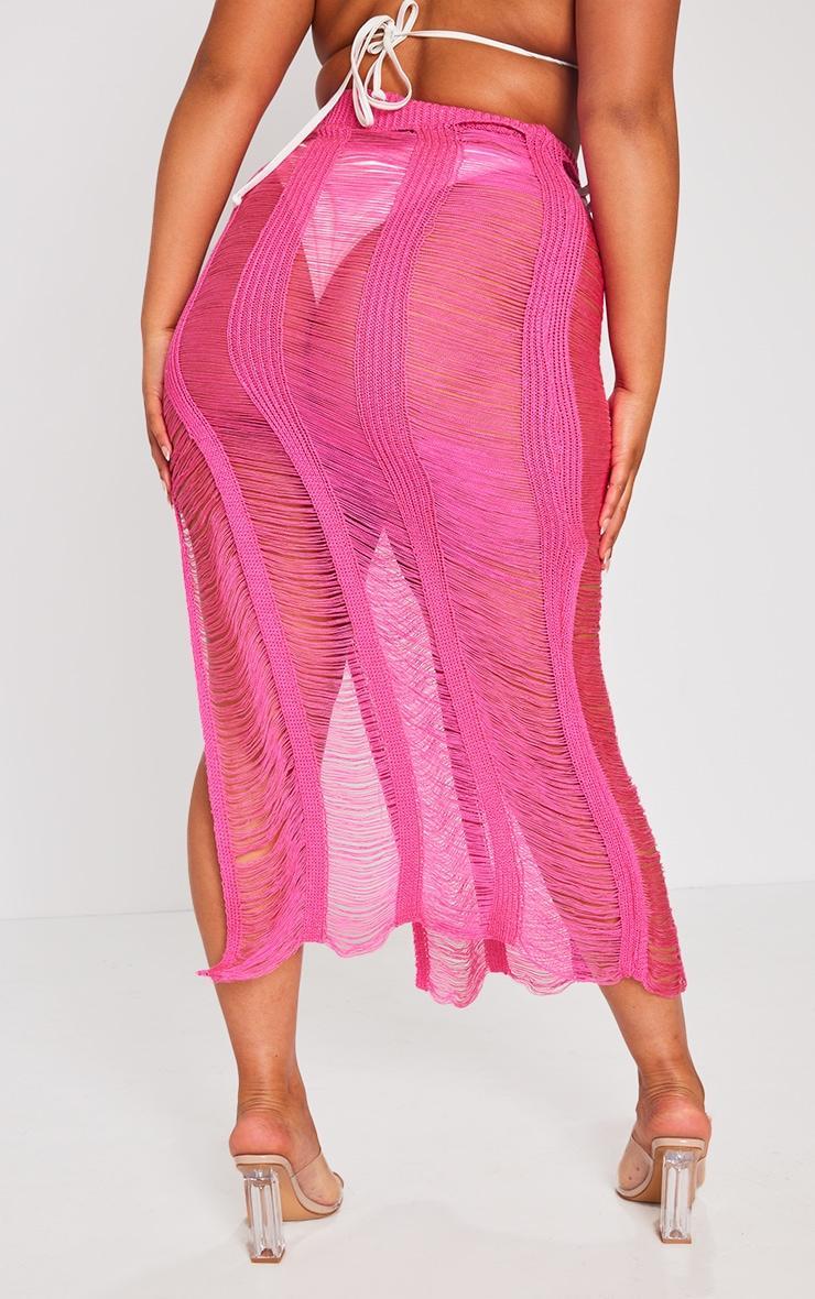 Plus Hot Pink Extreme Distressed Knitted Maxi Skirt Product Image