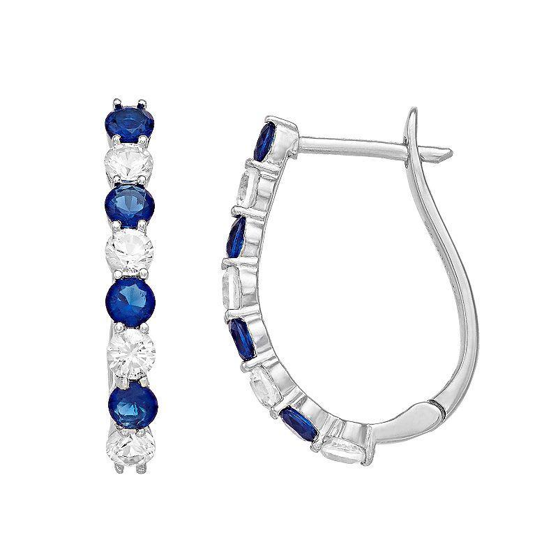 Sterling Silver Lab-Created Sapphire & Lab-Created White Sapphire Hoop Earrings, Womens, Blue Product Image