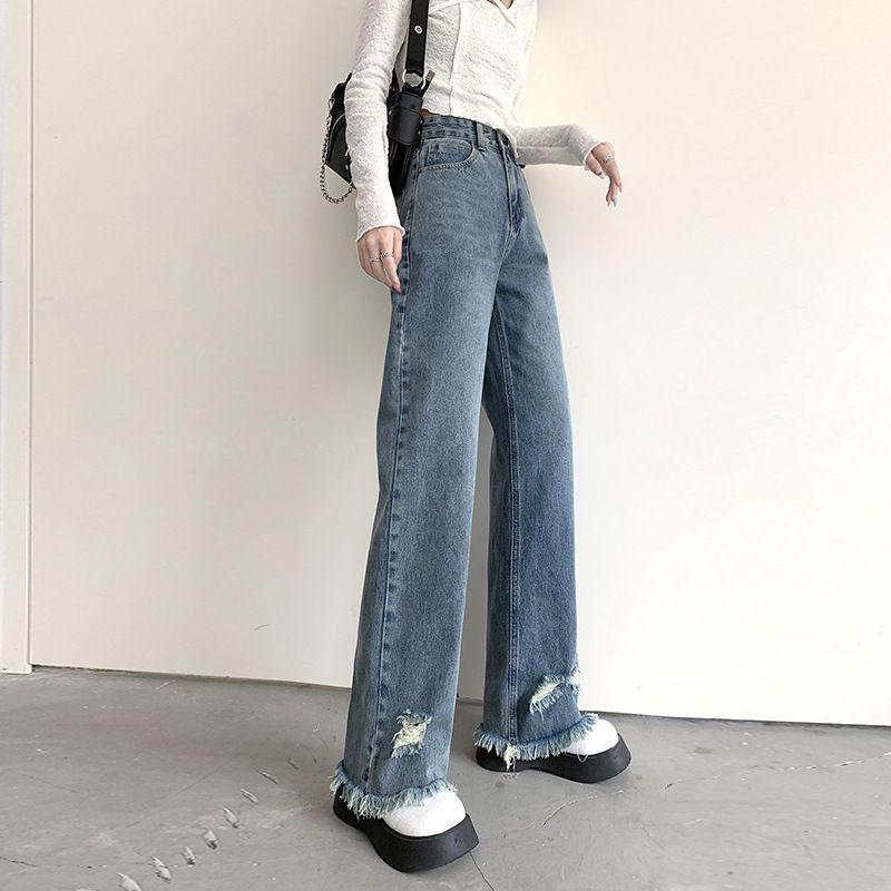 Mid Waist Washed Distressed Wide Leg Jeans (Various Designs) Product Image