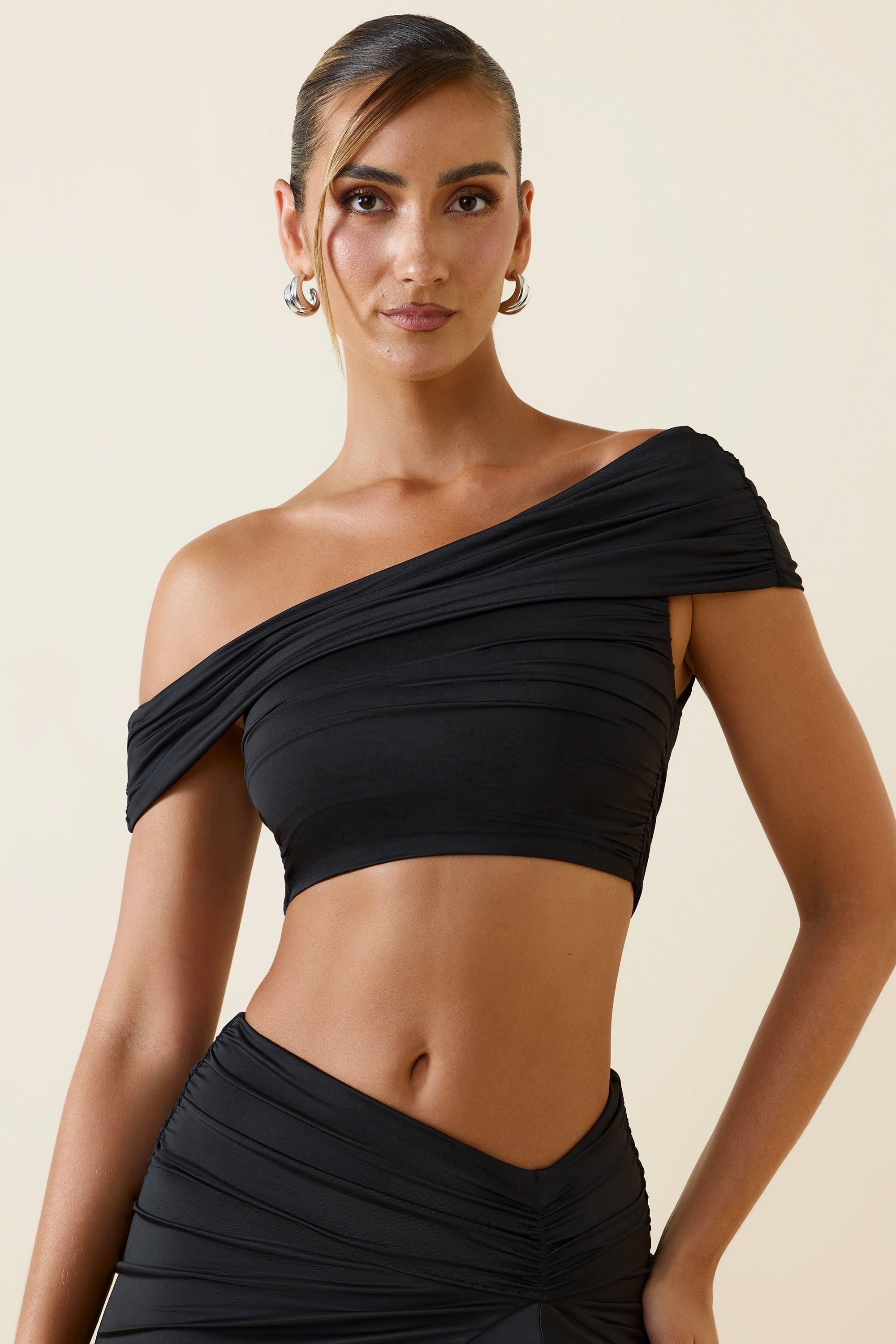 Asymmetric Ruched Off-Shoulder Crop Top in Black Product Image