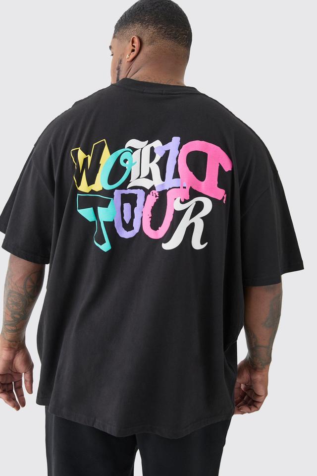 Plus Oversized World Tour Puff Back Print T-shirt In Black | boohooMAN USA Product Image