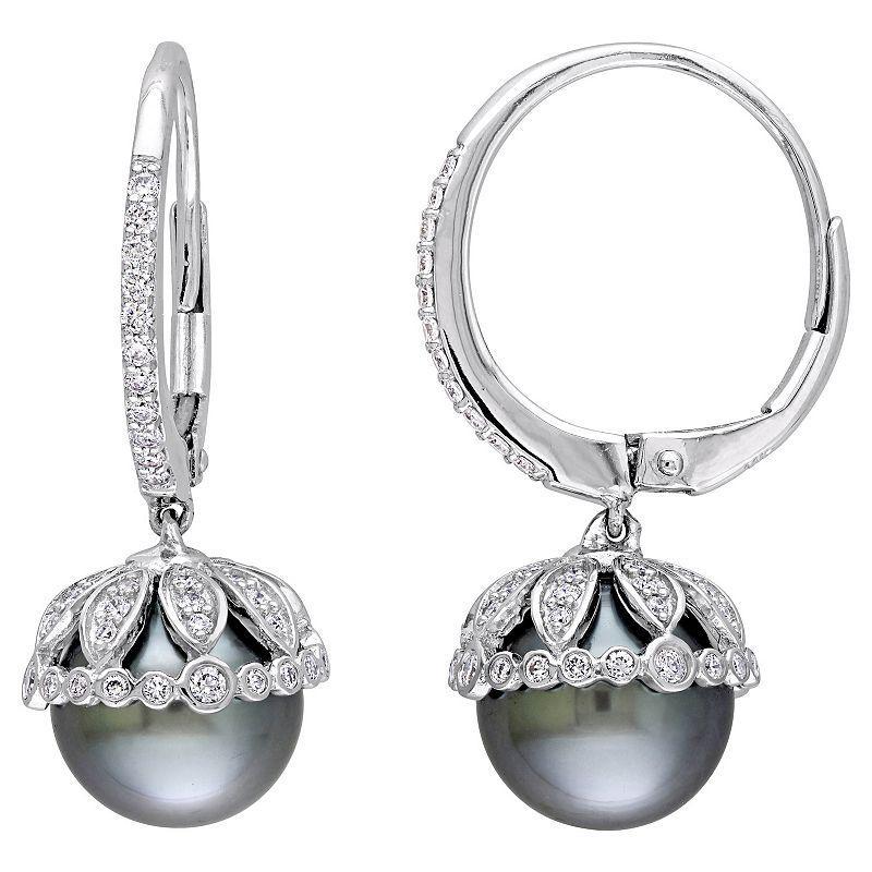 Stella Grace 14k White Gold Tahitian Cultured Pearl & 1/2 Carat T.W. Diamond Hoop Drop Earrings, Womens, Black Product Image