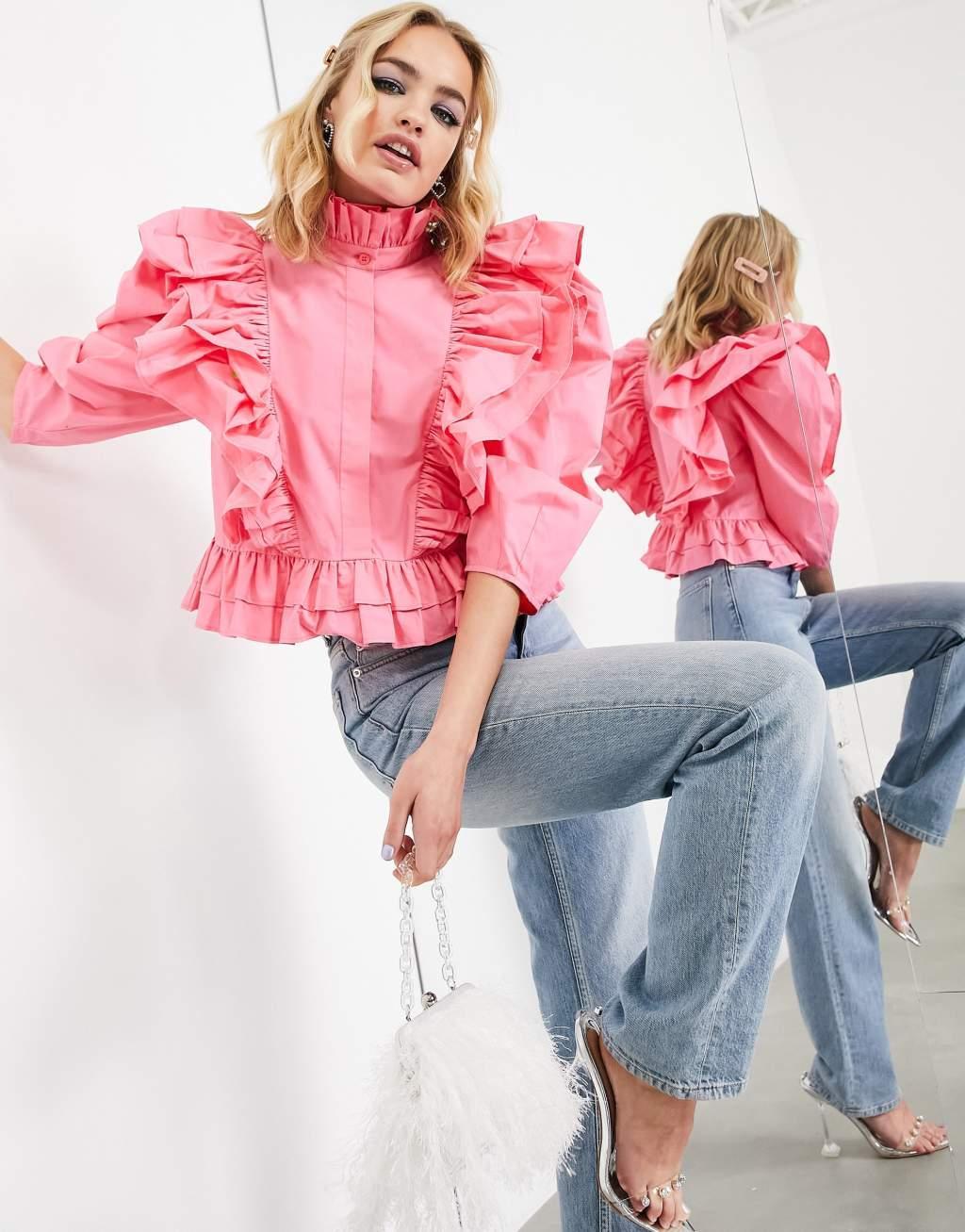 ASOS EDITION ruffle detail shirt with high neck in pink Product Image