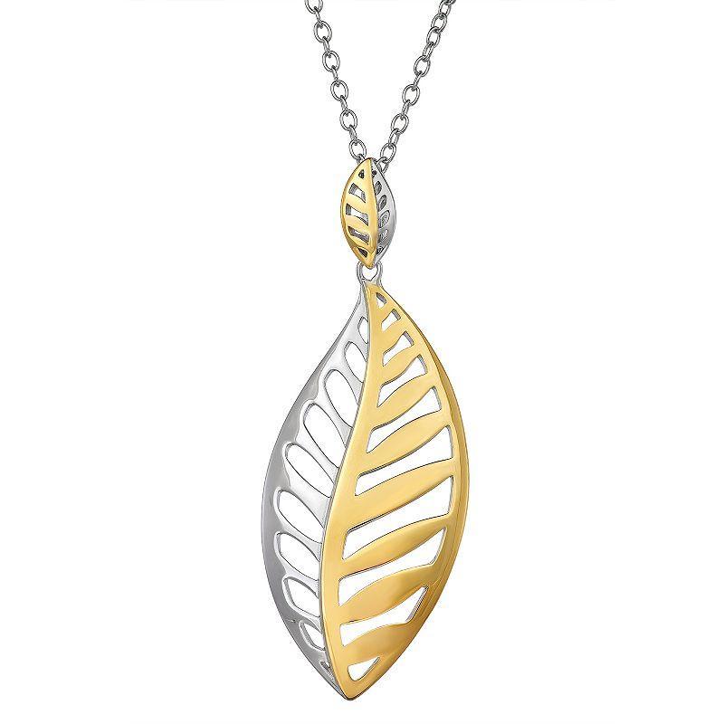 Two Tone Sterling Silver Leaf Pendant Necklace, Womens Product Image