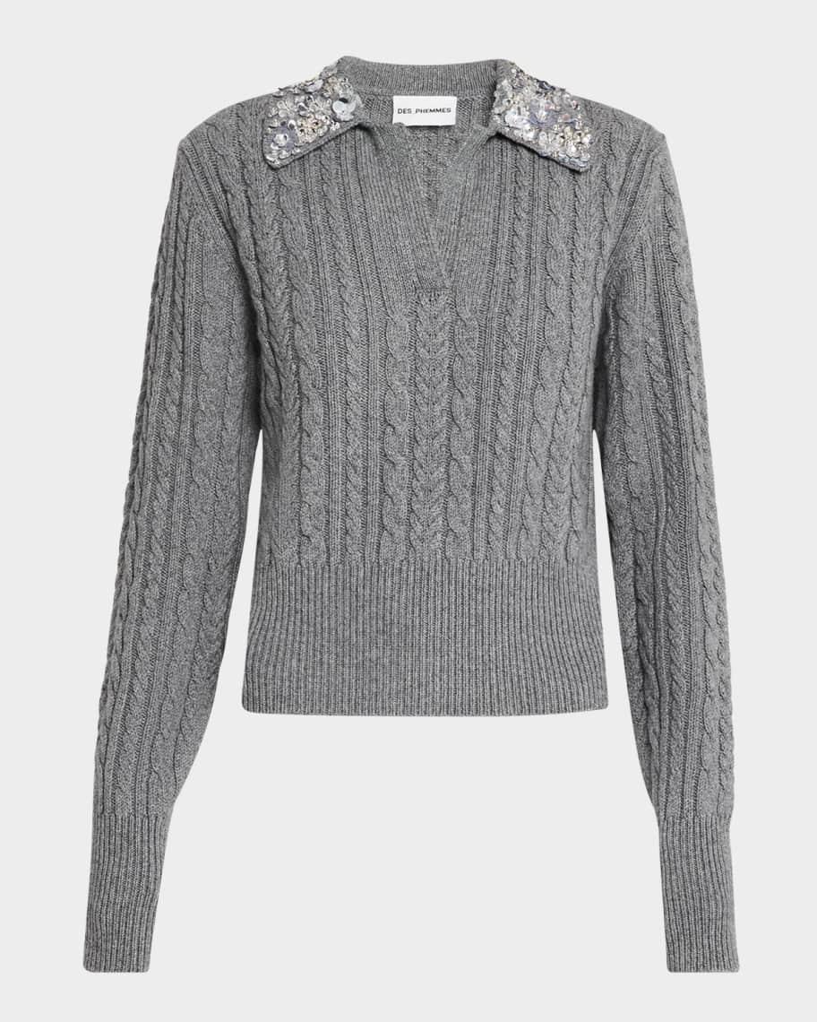 Embellished Cable-Knit Polo Sweater product image