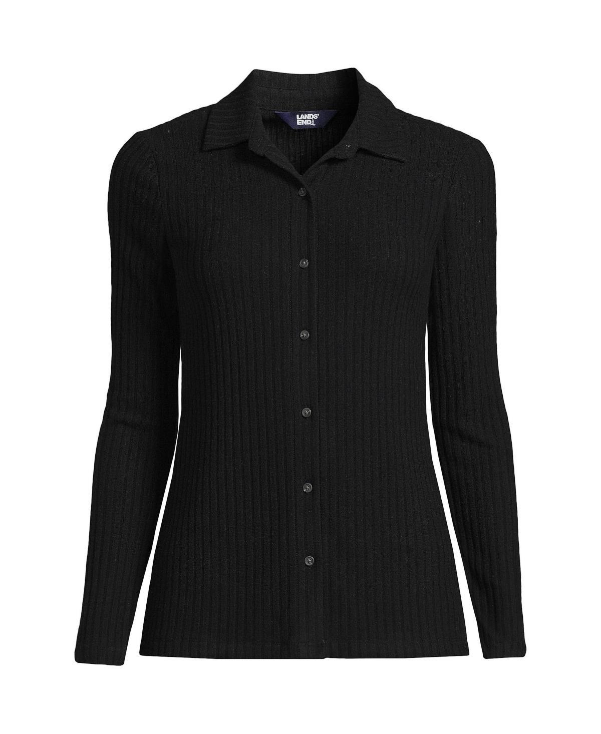 Plus Size Lands End Long Sleeve Wide Rib Button Front Polo Shirt, Womens Dark Blue Product Image