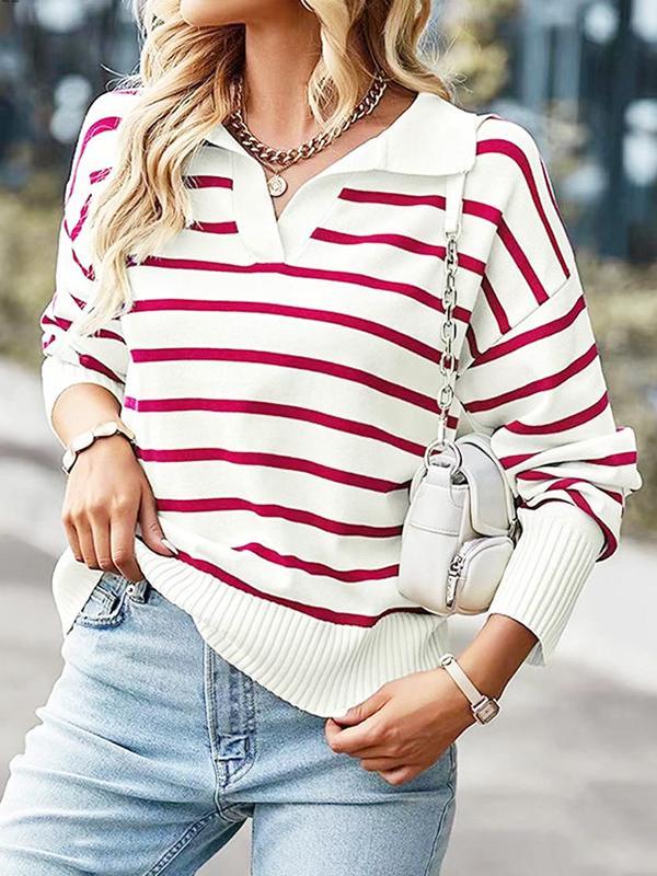 Long Sleeves Loose Split-Joint Striped Lapel Sweater Tops Product Image