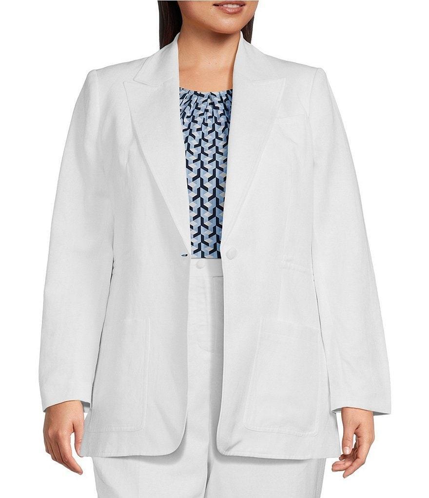 Calvin Klein Plus Size Linen-Blend Peak Lapel Collar Long Sleeve One-Button Jacket Product Image