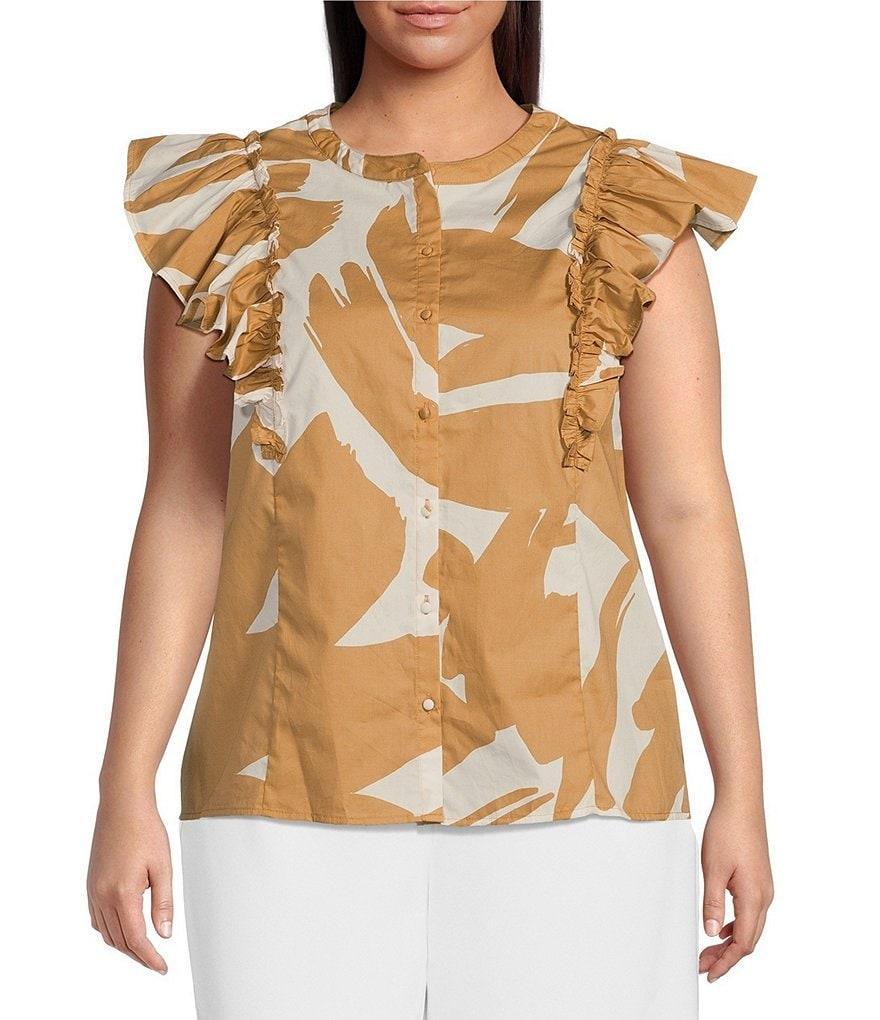 Sugarlips Plus Flutter Sleeve Abstract Tropical Printed Poplin Top Product Image