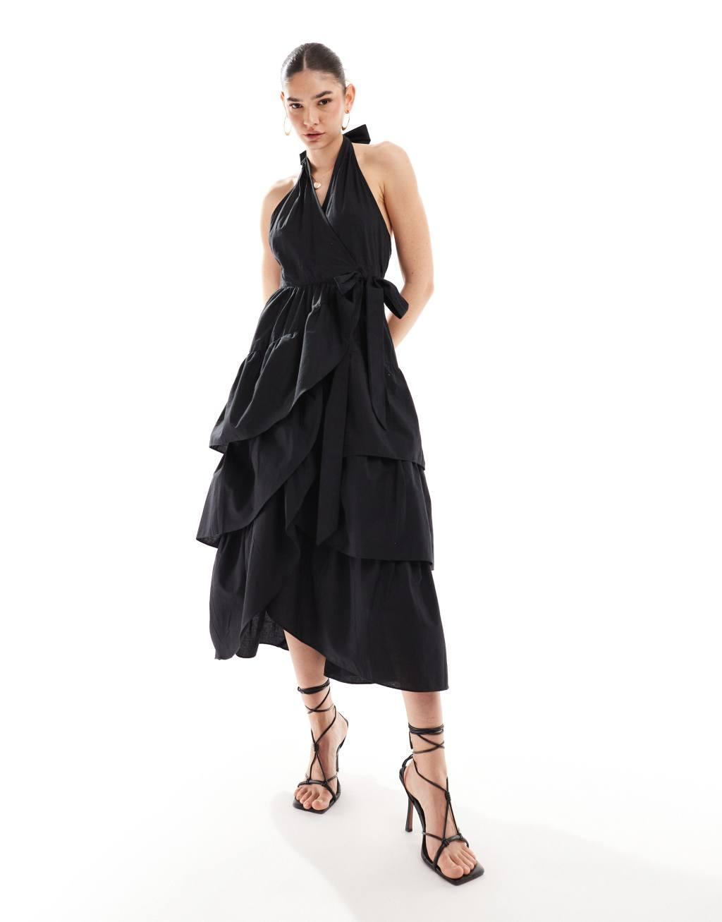 Never Fully Dressed halterneck cotton midaxi dress in black product image