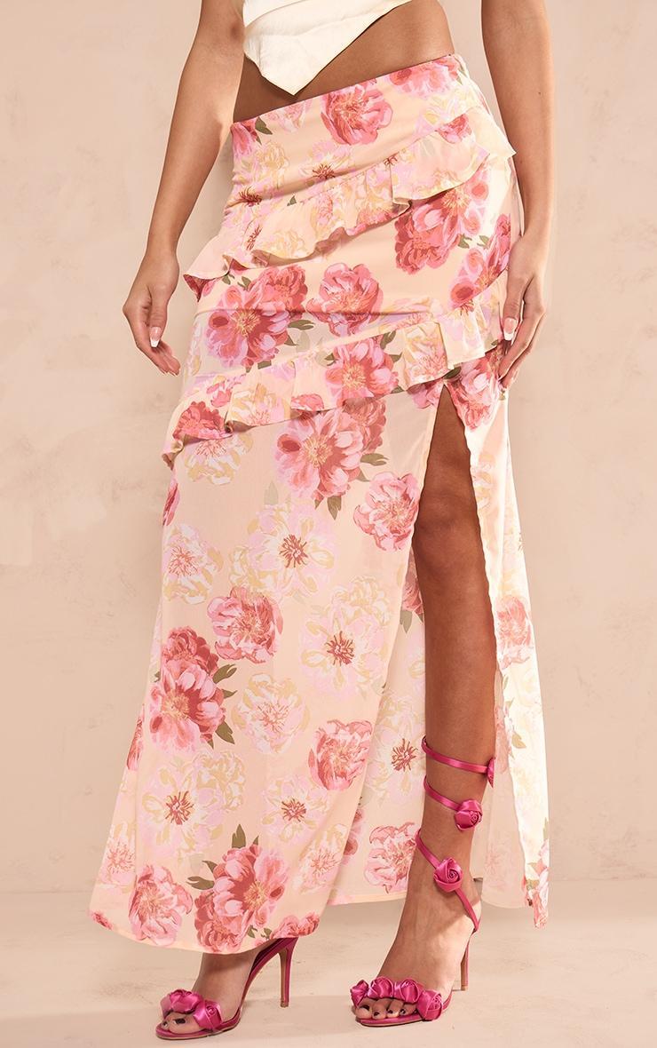 Lemon Floral Printed Ruffle Detail Maxi Skirt Product Image