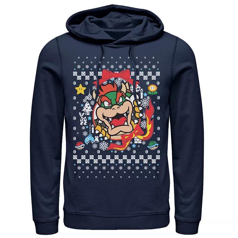 Mens Nintendo Super Mario Bowser Classic Ugly Christmas Graphic Hoodie Blue Product Image