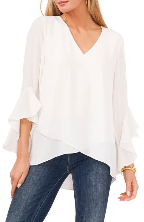 Vince Camuto Womens Printed V-Neck 3/4-Flutter Sleeve Blouse Product Image