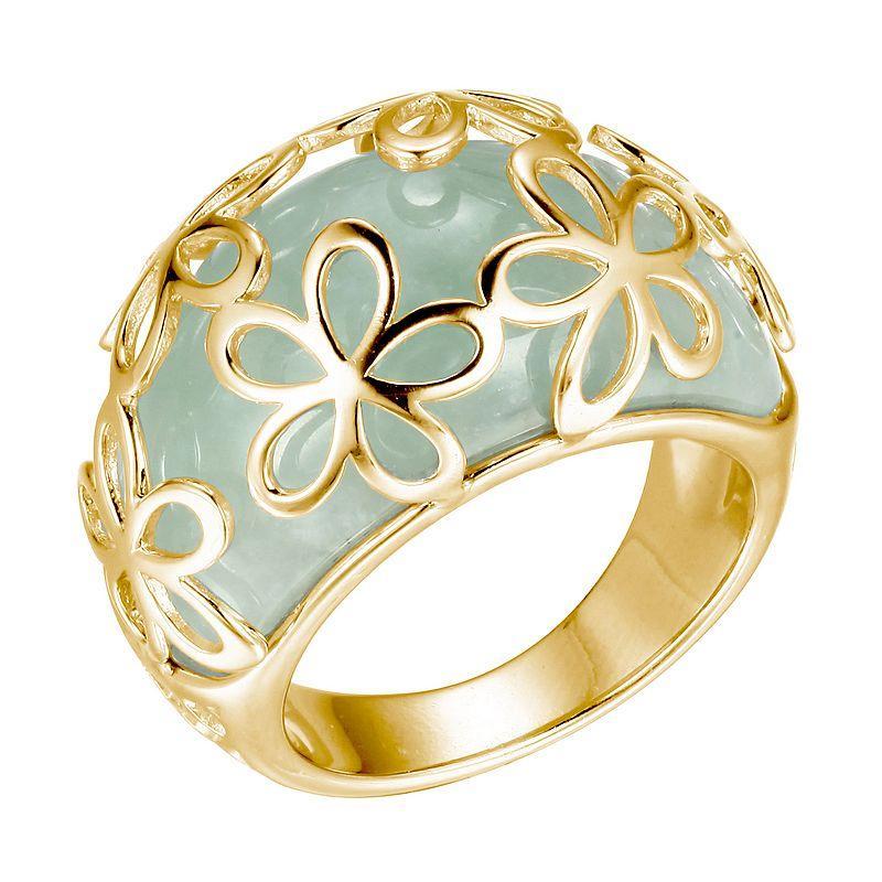 Dynasty Jade 18k Gold Over Sterling Silver Green Jade Flower Overlay Ring, Womens Product Image