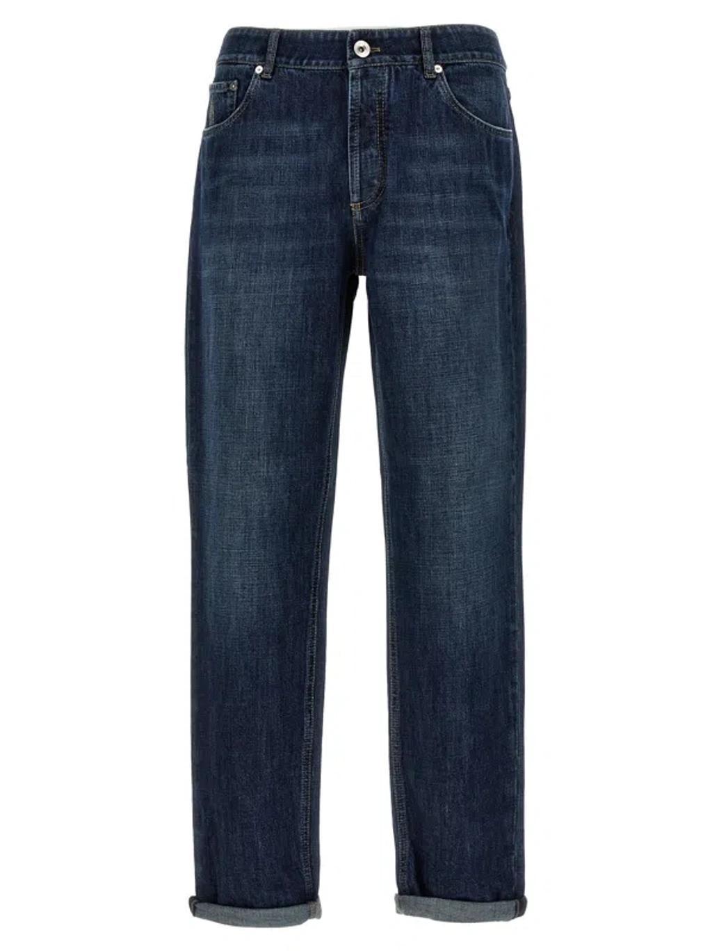 BRUNELLO CUCINELLI Blue Logo Embroidery Jeans Product Image