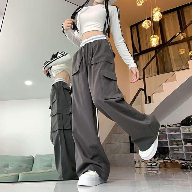 High Rise Plain Wide Leg Cargo Pants Product Image