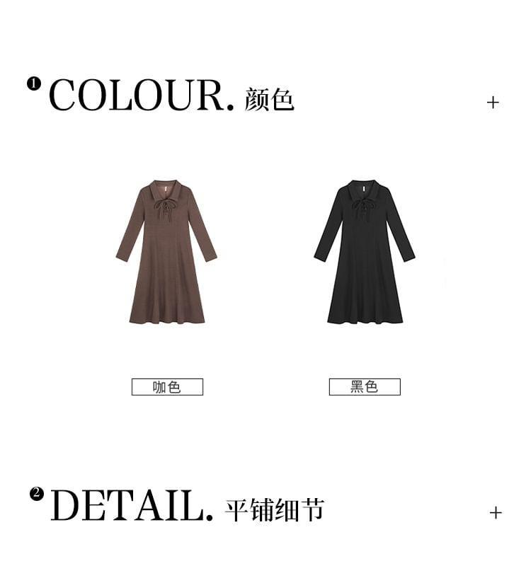 Long-Sleeve Polo-Neck Plain Lace-Up Midi A-Line Dress Product Image