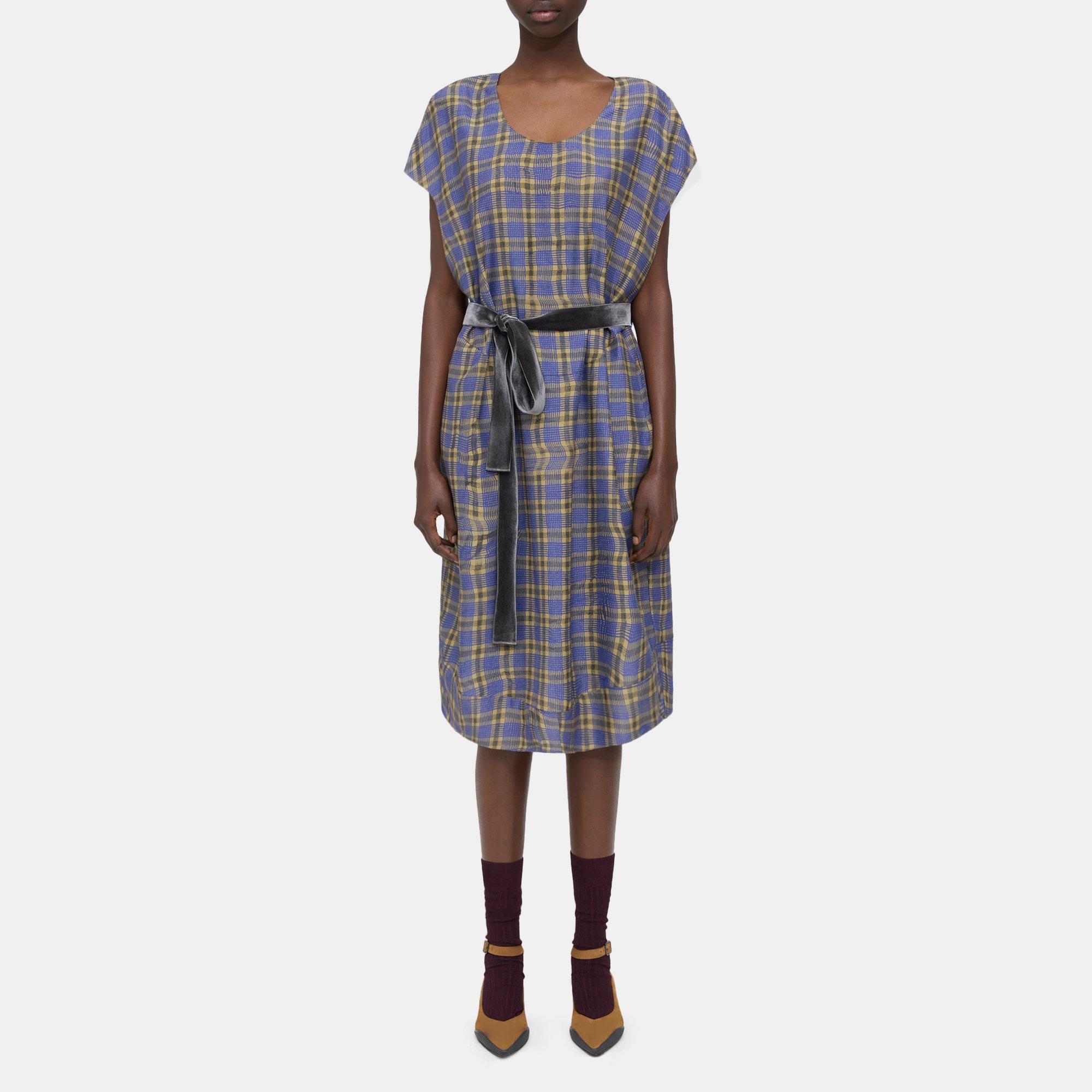 Blue Belted Silk-Viscose Check Dress | Theory Project product image