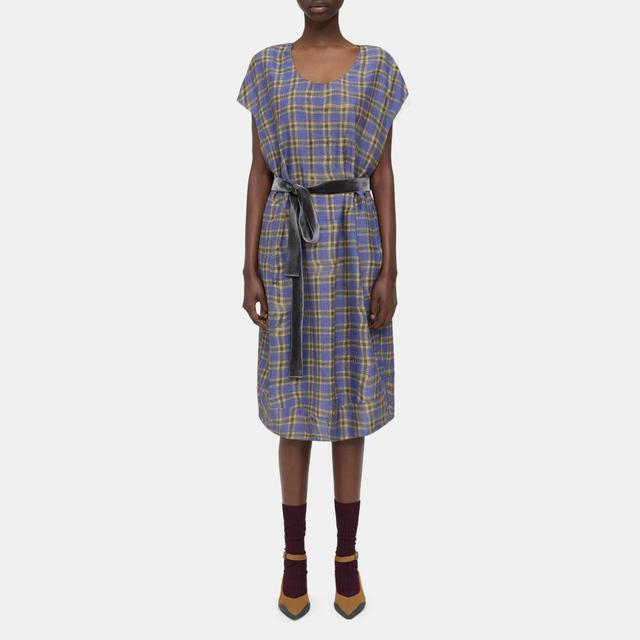 Blue Belted Silk-Viscose Check Dress | Theory Project Product Image