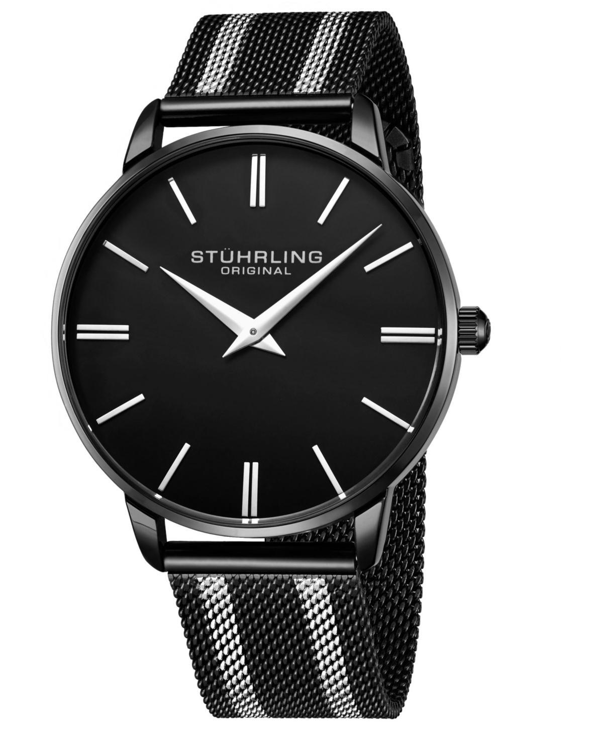 Stuhrling Mens Black, Silver Tone Mesh Stainless Steel Bracelet Watch 42mm - Black Product Image