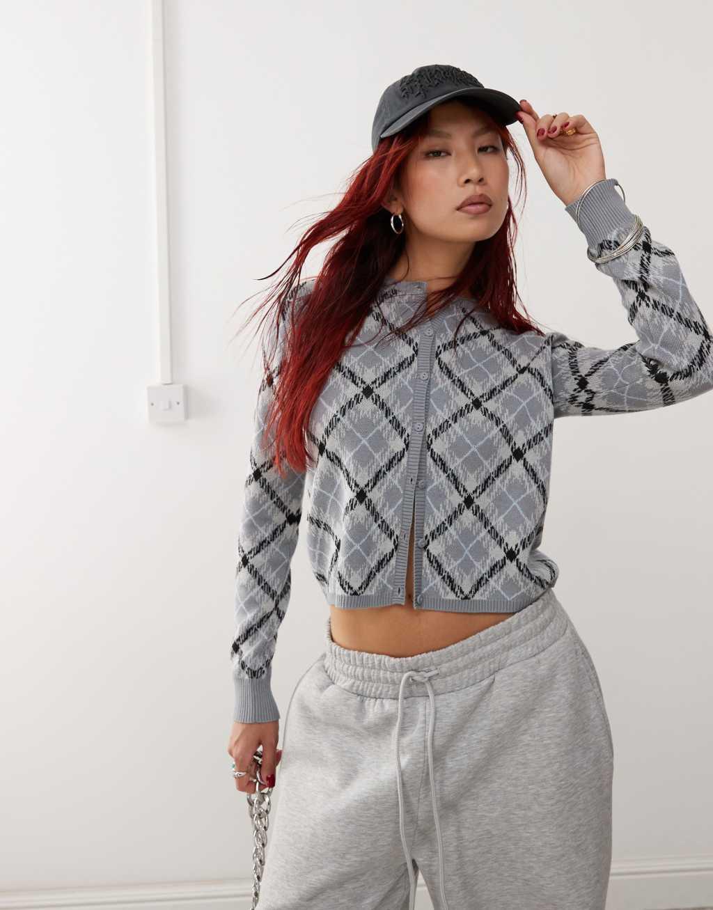 Monki cardigan with button front in blue check pattern jacquard Product Image