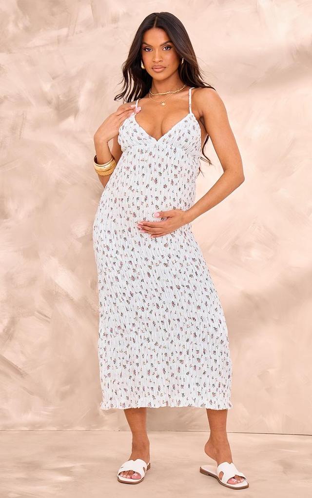 Maternity White Shirred Floral Detail Midi Dress Product Image