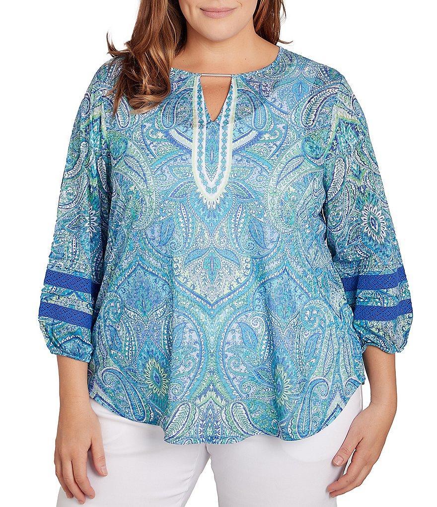 Ruby Rd. Plus Size Knit Paisley Keyhole Bar Detail 3/4 Sleeve Lace Inset Trim Top Product Image