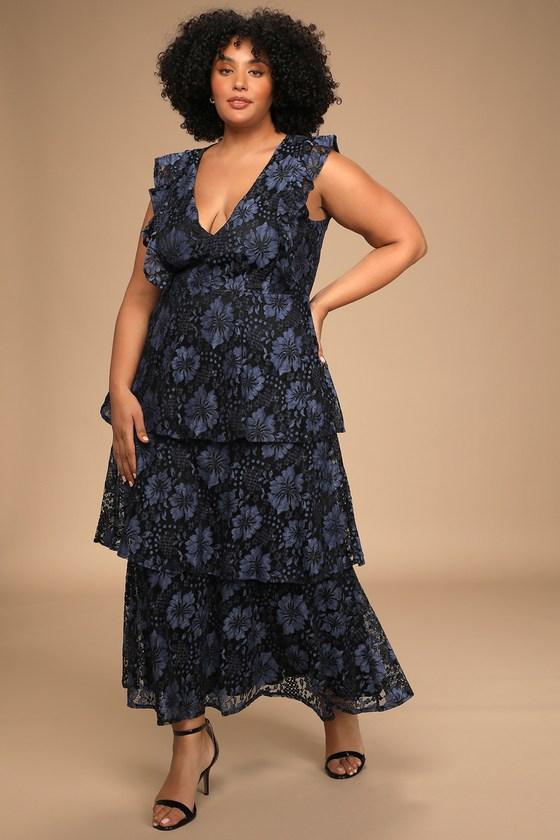 Molinetto Navy Blue Lace Ruffled Tiered Sleeveless Maxi Dress Product Image