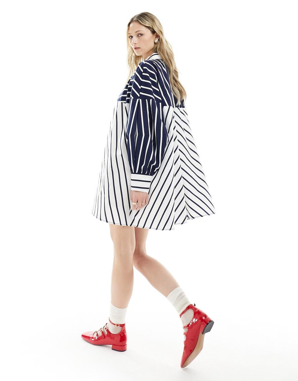 ASOS DESIGN oversized mini shirt dress in navy two tone stripe Product Image