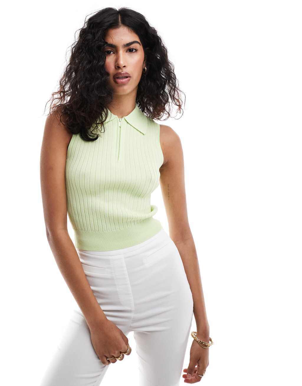 Mango sleeveless ribbed knitted polo top in lime green product image