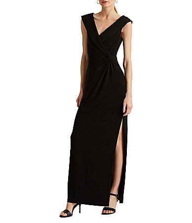 Lauren Ralph Lauren Fold Over Collar V-Neck Sleeveless Side Slit Gown Product Image