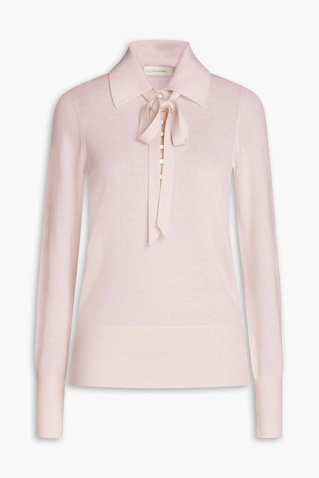 Pussy-bow Merino Wool Polo Sweater In Ecru Product Image