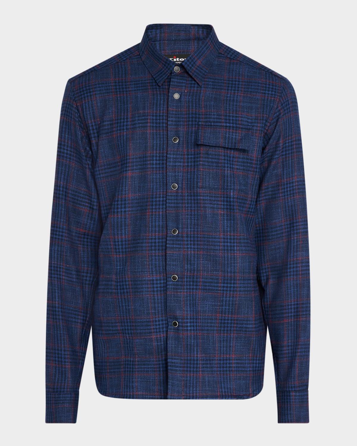 Men's Plaid Wool and Silk Casual Button-Down Shirt Product Image