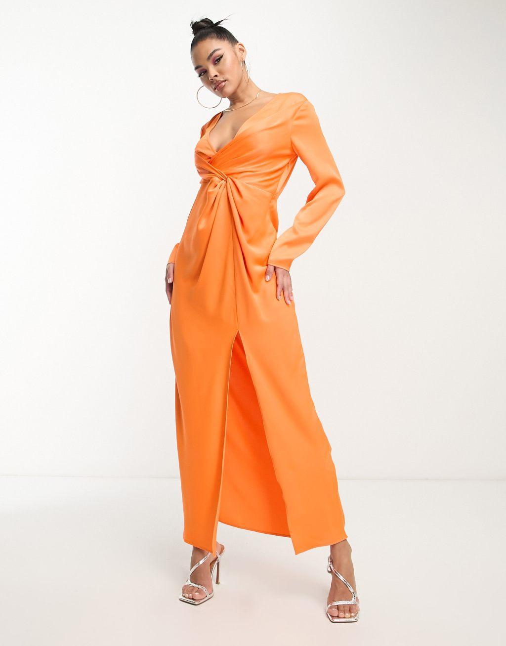 Something New x Klara Hellqvist satin twist front plunge maxi dress in sunset orange Product Image