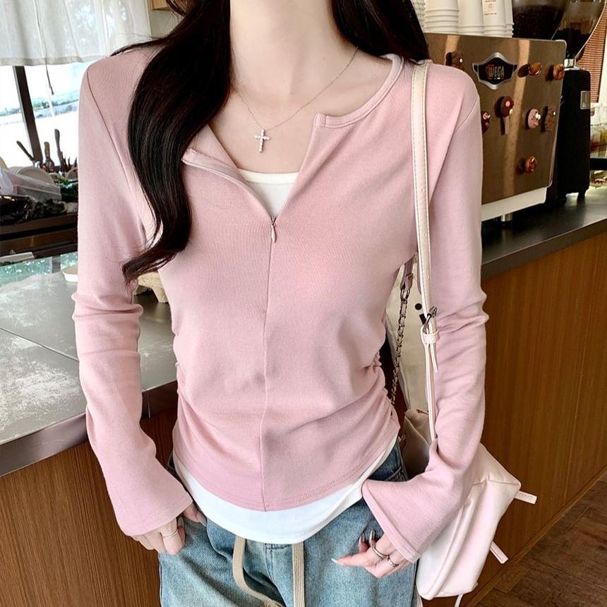 Mock Two-Piece Long-Sleeve Two Tone Zip-Up Top Product Image