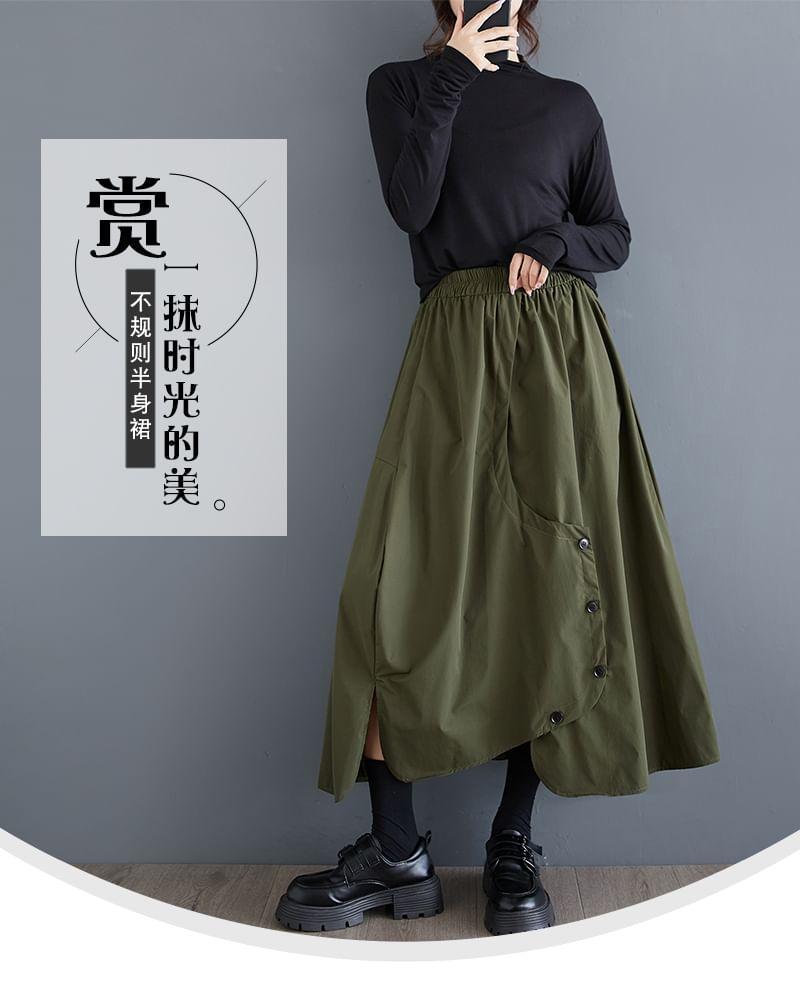 High Waist Asymmetrical Plain Midi A-Line Skirt Product Image