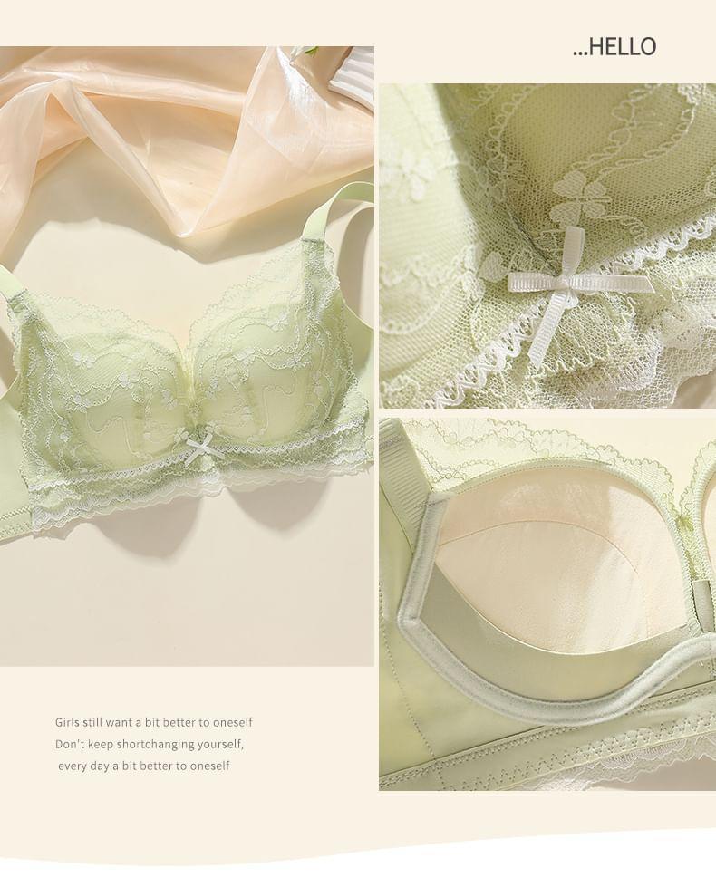 Set: Bow Lace Bra + Mesh Panel Bikini Panties Product Image